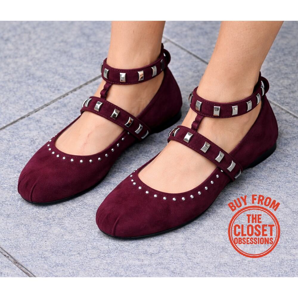 ZARA Leather Studded Ballet Flats NWT | Burgundy Suede Buckle Strap 7.5–8